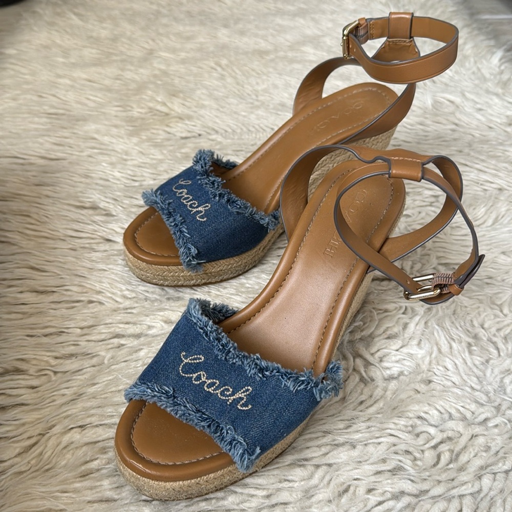 Coach Tan and Blue Glitter Strap Sandals size 9